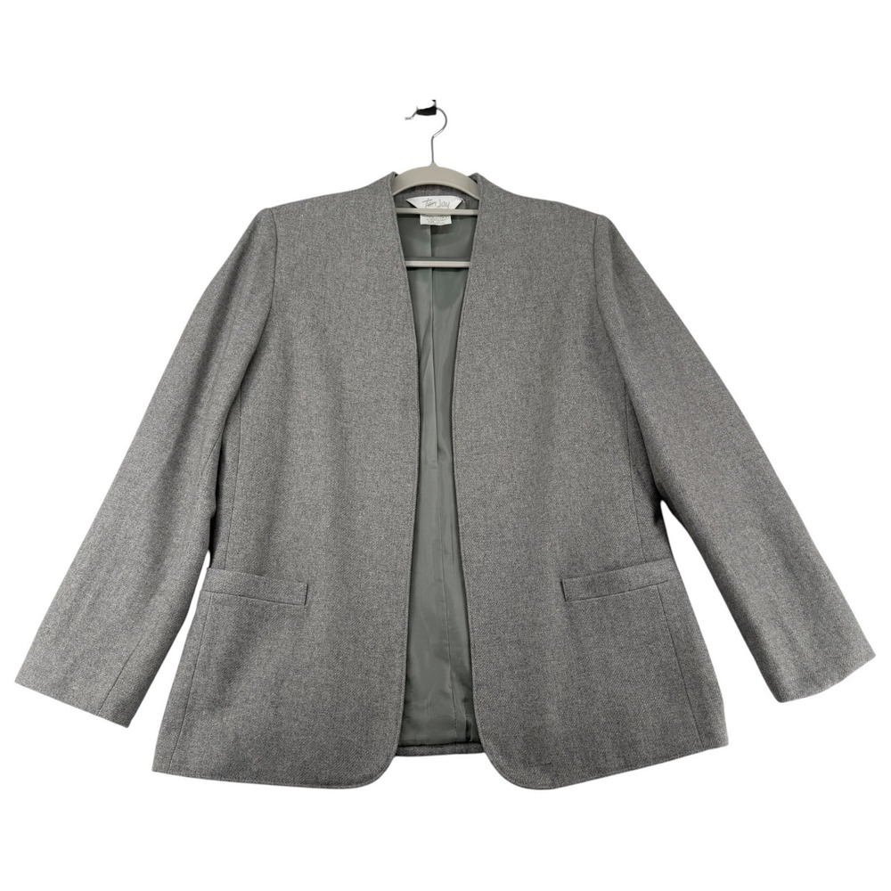 Vintage Tan Jay Womens 10 Gray Wool Blend Open Front Lined Blazer Made in USA